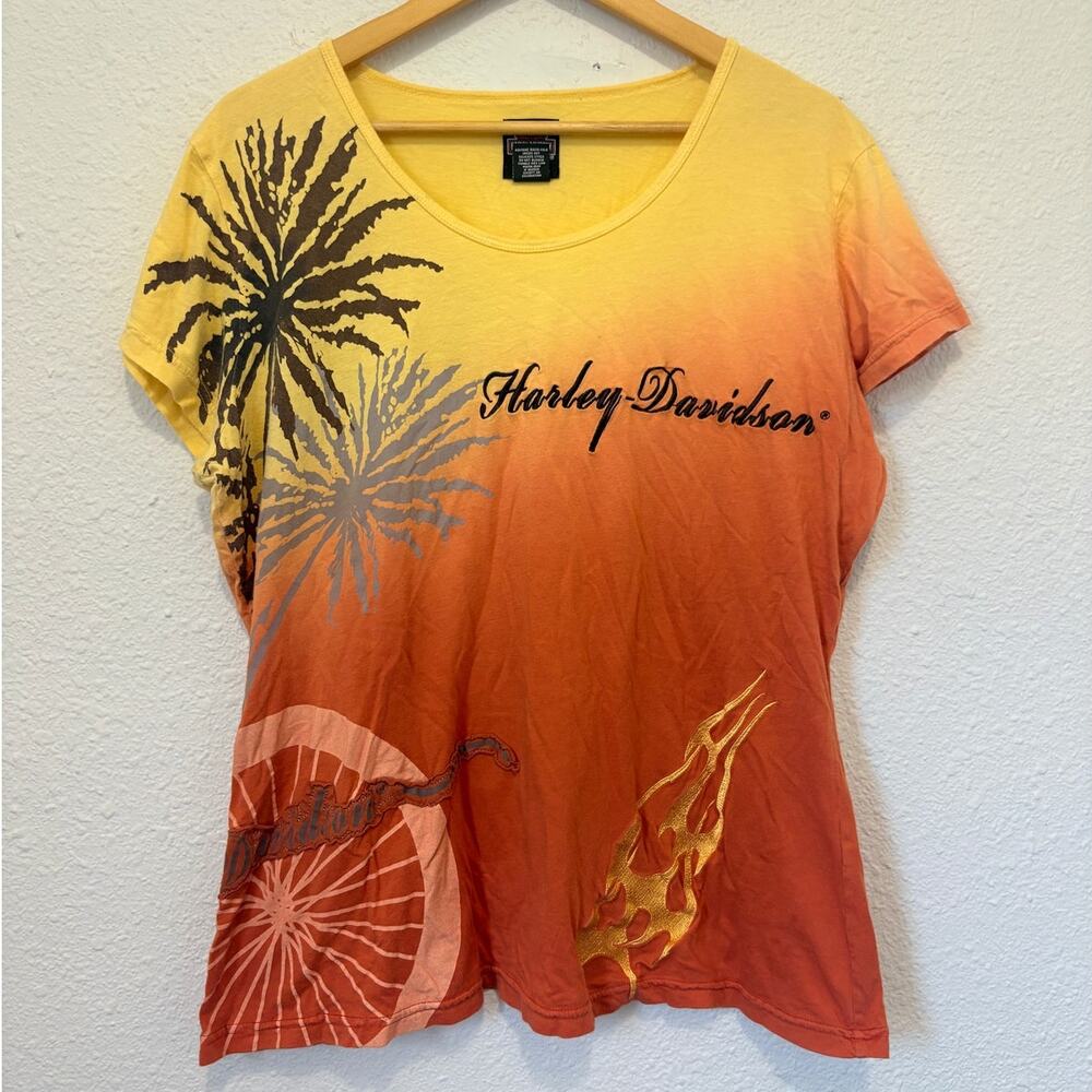 vintage y2k harley-davidson t-shirt biker moto grunge sunset patchwork flame
